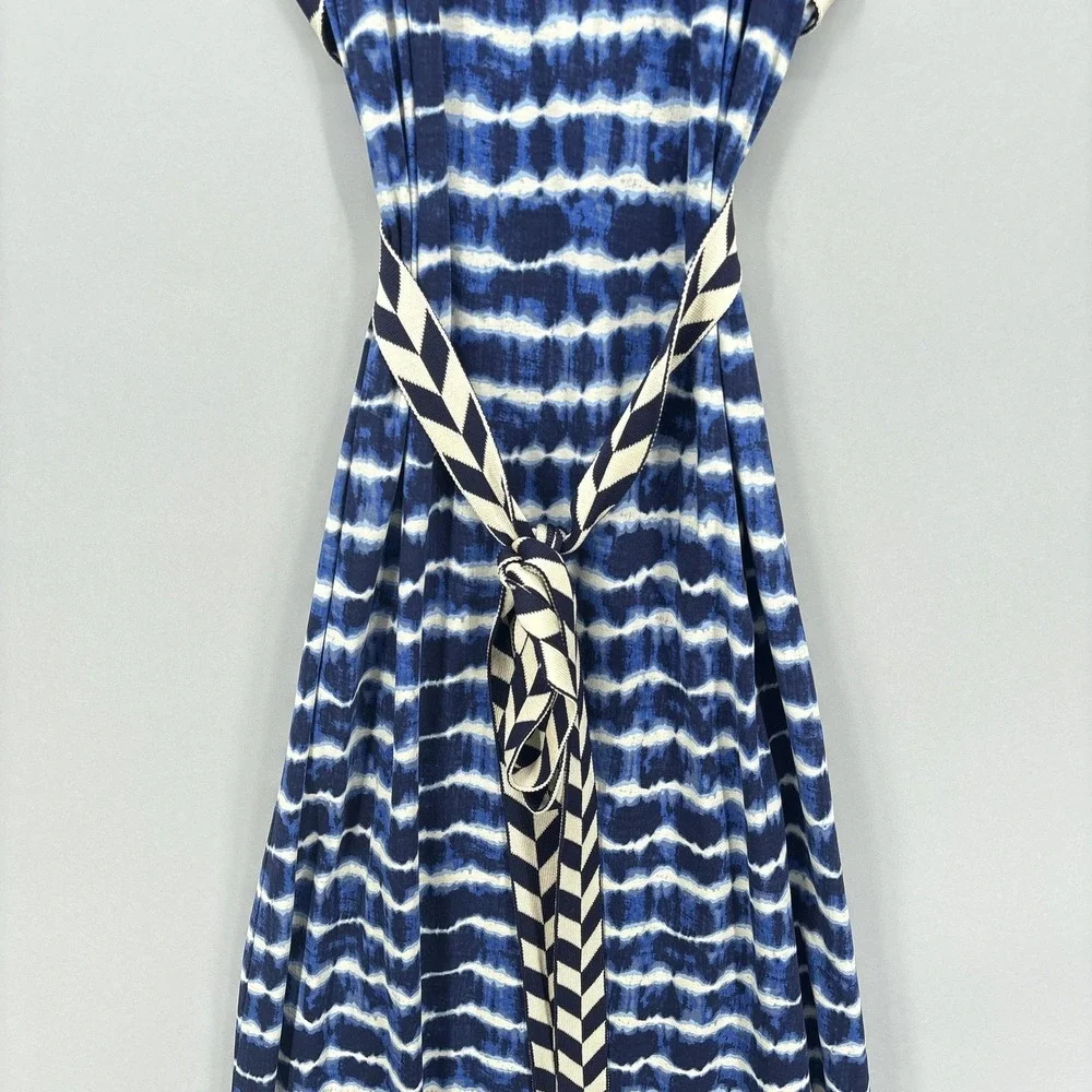 Tory Burch Dress Small Blue Tie Dye Sleeveless Maxi Tank Belted Jersey Boho
